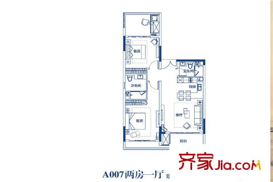 保利金町湾A007户型2房 2室1厅2卫1厨