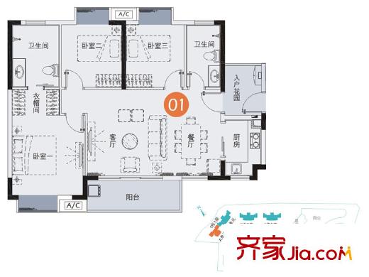 KPR佳兆业广场1栋1座A单元01户型 3室2厅2卫1厨