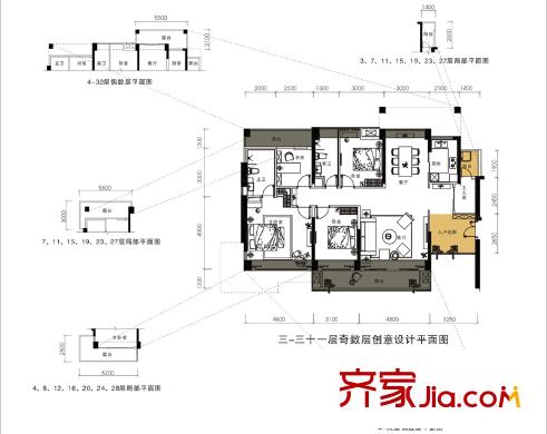锦绣御园二期8栋B座A、F户型 5室2厅2卫1厨