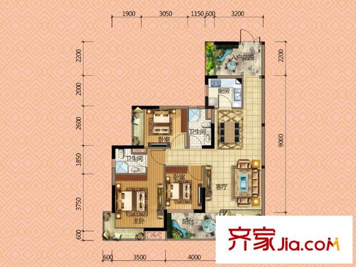 宏远御庭山1-3栋01/02户型 3室2厅2卫1厨