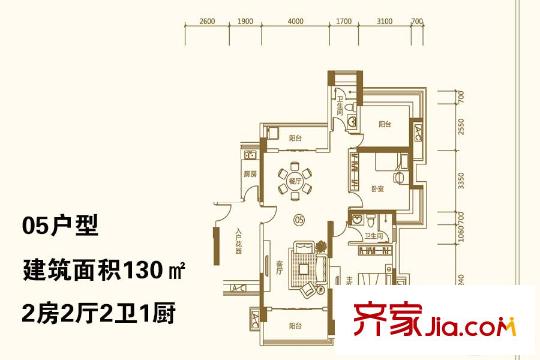悦盈新城05户型 2室2厅2卫1厨