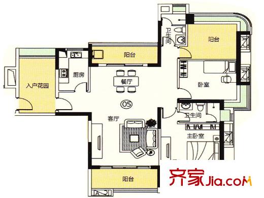 悦盈新城10栋05户型2+N 2室2厅2卫1厨
