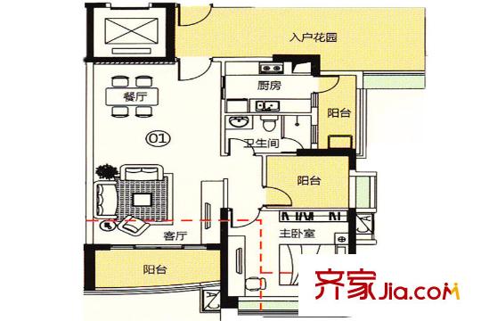 悦盈新城01户型1+N型 1室2厅1卫1厨