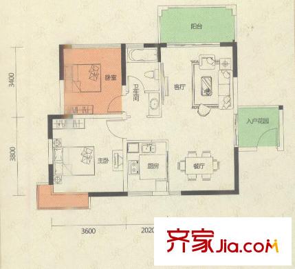 融湖中心城7栋01户型 2室2厅1卫1厨