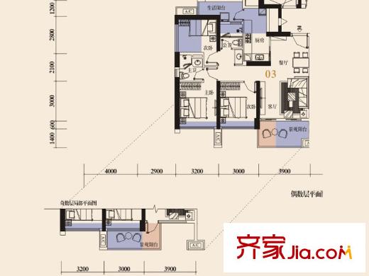 佳兆业城市广场2期4号楼b座03户型 3室2厅2卫1厨