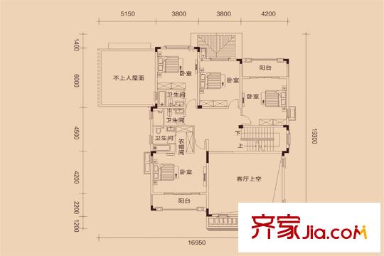 惠州国际新城珑庭7号3B户型二层平面图 7室2厅6卫1厨