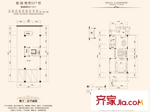 前海湖山壹号联排B户型地下一层地上一层