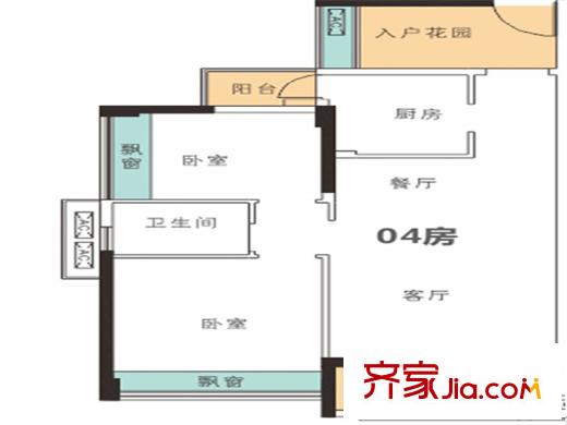 龙光水悦熙园1栋2栋04房单位 2室2厅1卫1厨