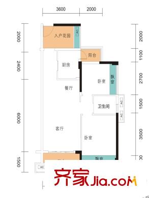 龙光水悦熙园3栋2单元04户型 2室2厅1卫1厨