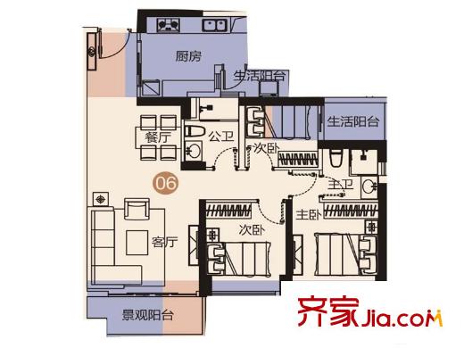 佳兆业城市广场3期5栋B座06户型 3室2厅2卫1厨