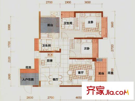 前海康城华府3栋A户型约88平方米三房两厅两卫 3室2厅2卫1厨