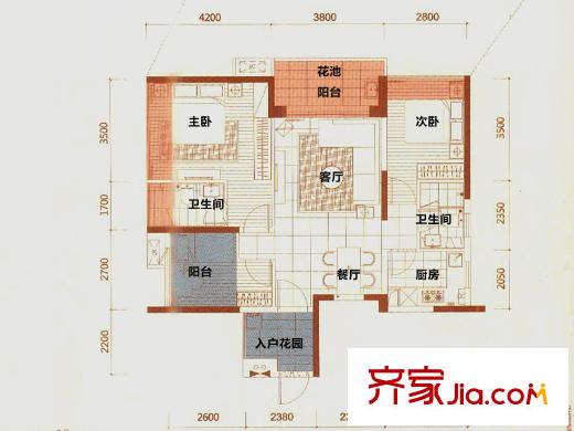 前海康城华府3栋B户型约88平方米三房两厅两卫 3室2厅2卫1厨