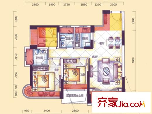 鼎胜・金域世家02-1户型 3室2厅2卫1厨