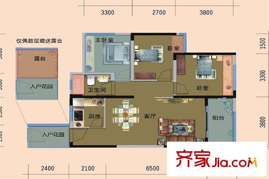 旺东国际广场C户型 3室2厅1卫1厨