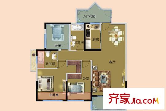 旺东国际广场F户型 3室2厅2卫1厨