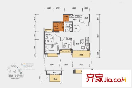 颐安・都会中央2期A座D户型 3室3厅1卫1厨