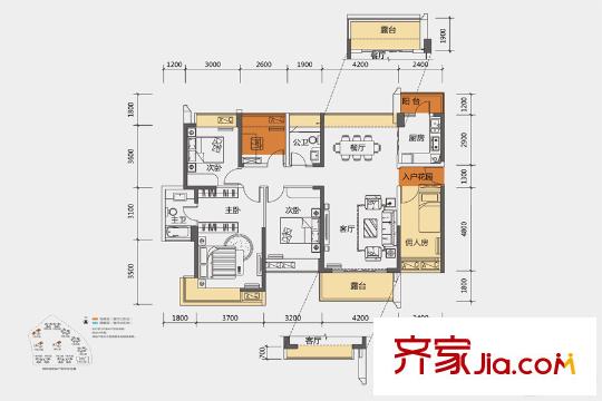 颐安・都会中央2期F座A户型 4室2厅2卫1厨