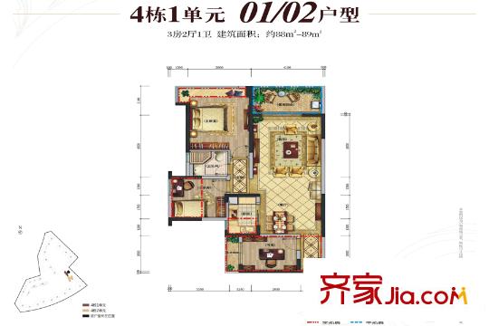 天峦湖4栋1单元01-02户型 3室2厅1卫1厨