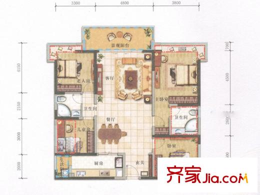 天峦湖2栋B座A3户型 4室2厅2卫1厨