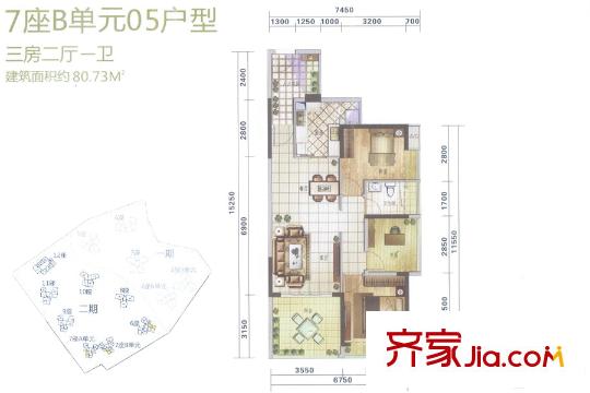 满京华喜悦里7座B单元05户型 3室2厅1卫1厨