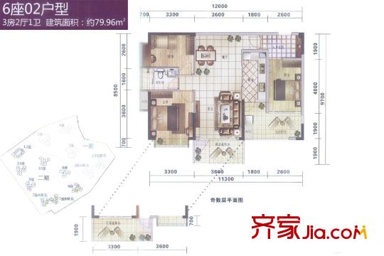 满京华喜悦里6座02户型 3室2厅1卫1厨