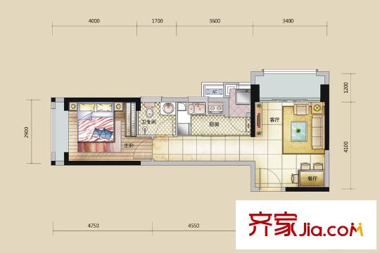 龙城一品C3户型 1室2厅1卫1厨