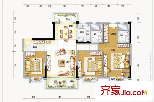 碧桂园天汇Y177户型 3室2厅2卫1厨