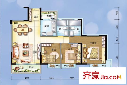 碧桂园天汇Y165 01/02户型 3室2厅2卫1厨