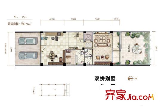 金地1平方米院双拼别墅负一层B 1室2厅2卫
