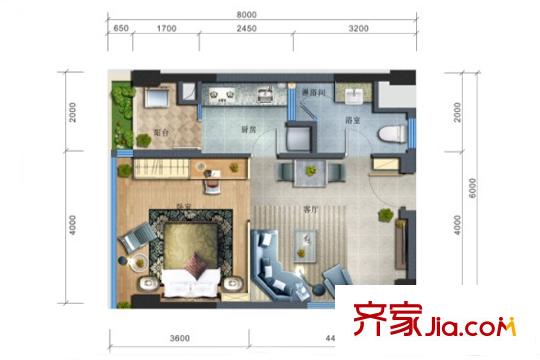 前海铂寓A户型1房1厅1卫55平米 1室1厅1卫1厨