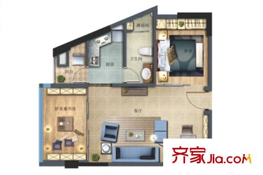 前海铂寓B户型2房2厅1卫89平米 2室2厅1卫1厨