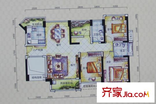 幸福平方米湾1、2栋D户型122.37平米 3室2厅2卫1厨