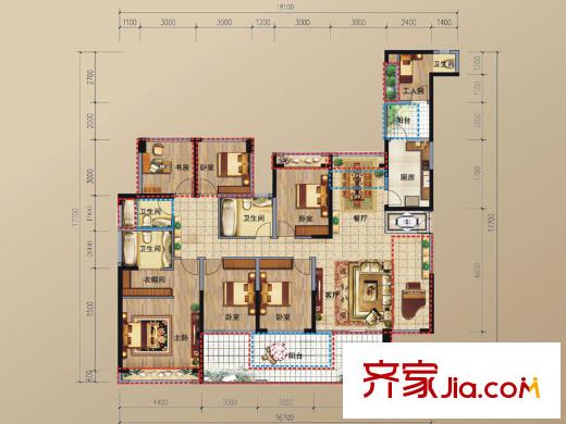 幸福城三期7栋A单元01+02户型 6室2厅3卫1厨