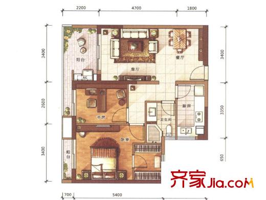 海境界3栋B户型 2室2厅2卫1厨