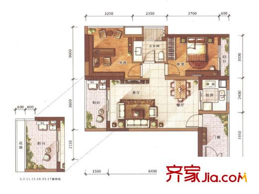 海境界3栋A户型 2室2厅2卫1厨