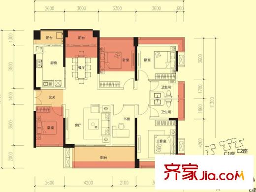 金亨利都荟首府A座01、04户型和E做01、04 05户型C户型 5室2厅2卫1厨