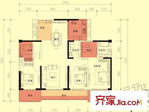 金亨利都荟首府D座的02 03户型D户型 5室2厅2卫1厨