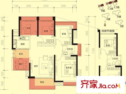 金亨利都荟首府B、C1和C2座的01、04户型B户型 4室2厅1卫1厨