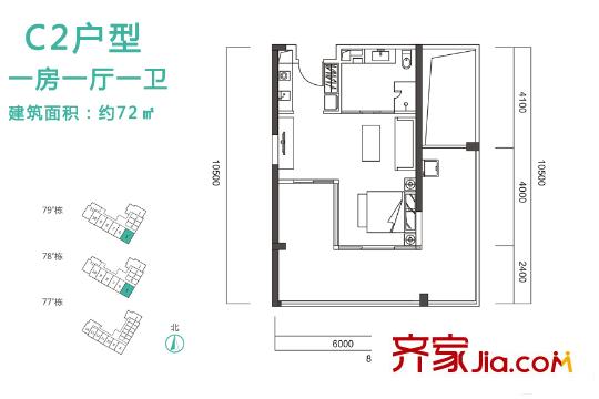 合正东部湾C2户型 1室1厅1卫1厨