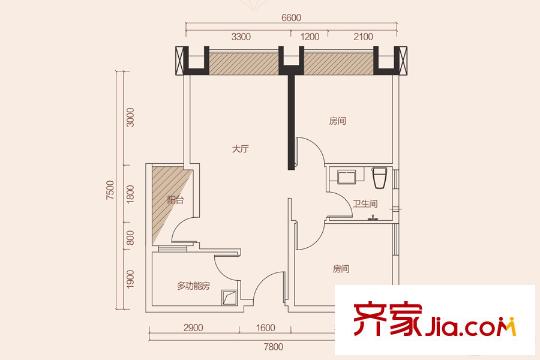 好益康世纪中心SOHO户型C 2室1厅1卫1厨