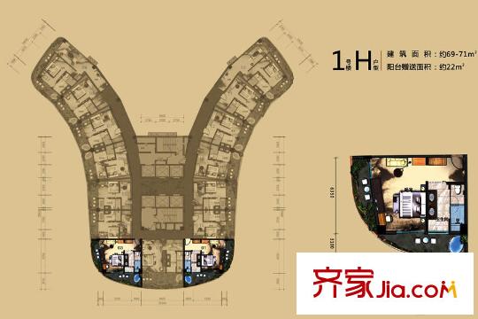 双月湾温德姆至尊豪廷度假酒店1号楼H户型 1室1卫