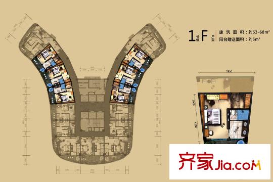 双月湾温德姆至尊豪廷度假酒店1号楼F户型 1室1卫