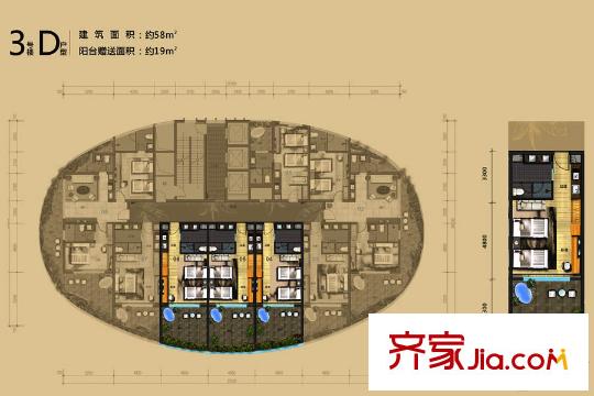 双月湾温德姆至尊豪廷度假酒店3号楼D户型 1室1卫