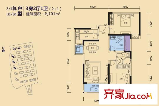 珠江・观澜御景3、4栋03、04户型 3室2厅1卫1厨
