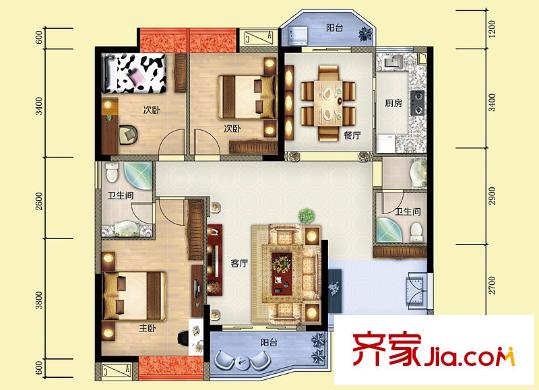 雅博世纪广场E1户型 3室2厅2卫1厨