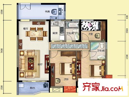 雅博世纪广场A户型 3室2厅2卫1厨