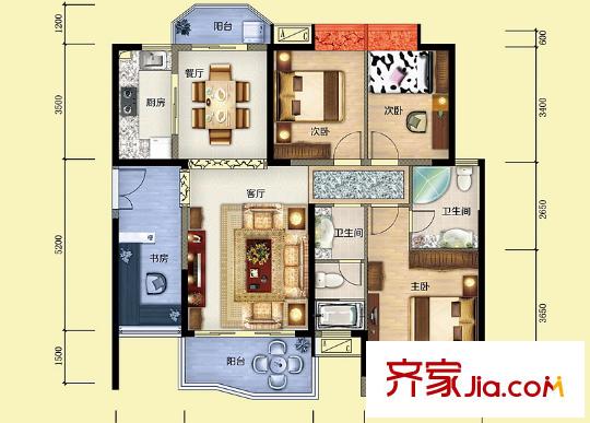 雅博世纪广场C户型 3室2厅2卫1厨