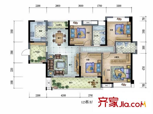 保利林语E-1、2栋B户型 4室2厅1卫1厨