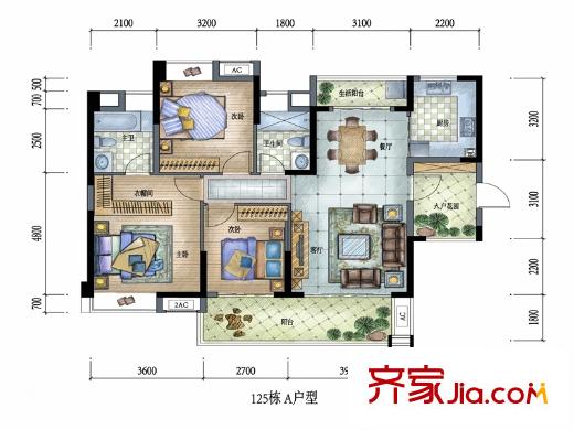 保利林语E-1、2栋A户型 3室2厅2卫1厨