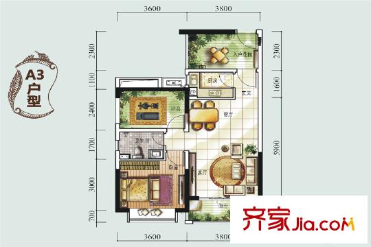 龙光城南四期A3户型 3室2厅1卫1厨